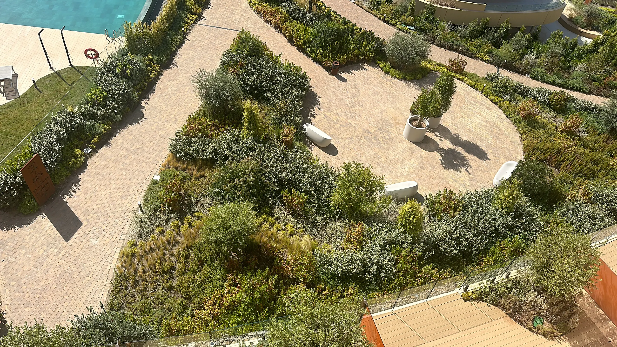 Lawn, brick paving and massed Mediterranean planting seen from above, beside a pool terrace